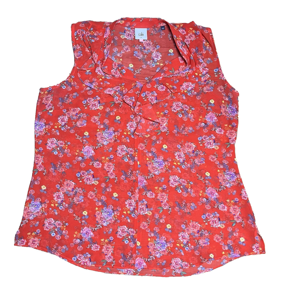 CAbi 5219 Sheer Red Floral Chiffon Blouse Ruffle V Neck Sleeveless Size M